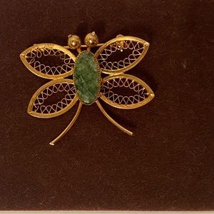 CURTIS CREATIONS BROOCH & BOX VINTAGE GOLD FILL 12k GF BUTTERFLY OVAL JADE STONE